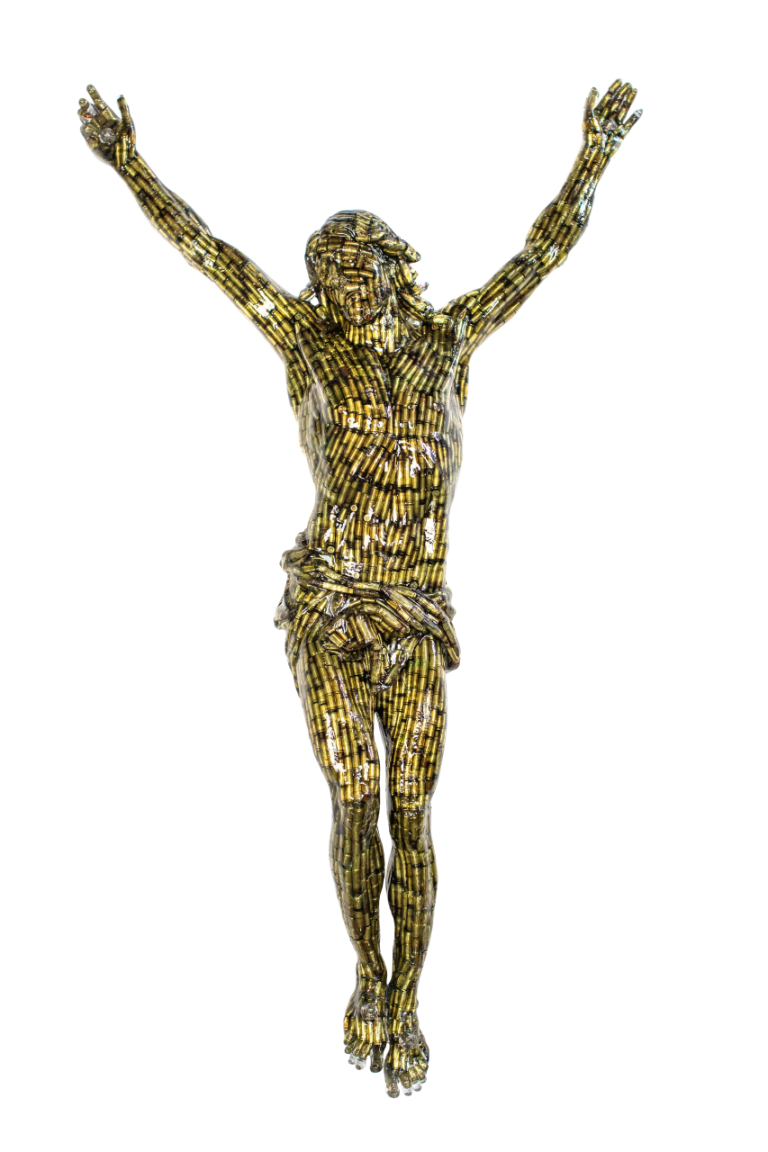 ALBEN, Christ Bullets, douilles, résine, 240 x 80 x 25 cm (dont piedestal 100 cm)