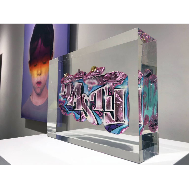 NASTY, 4 crashed cans, Inclusion cristal de synthèse, 33 X 23 X23 cm