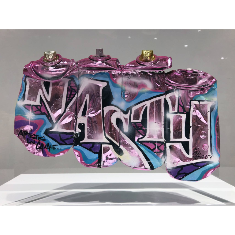 NASTY, 4 crashed cans, Inclusion cristal de synthèse, 33 X 23 X23 cm