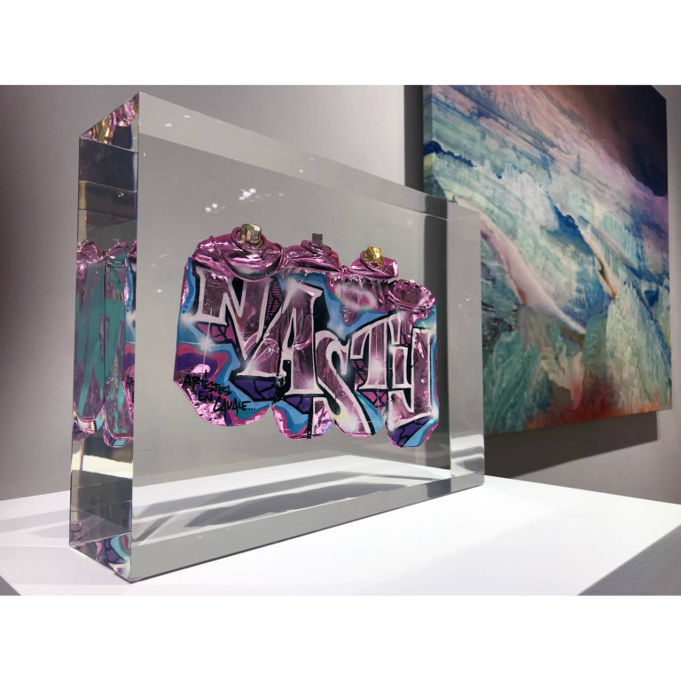 NASTY, 4 crashed cans, Inclusion cristal de synthèse, 33 X 23 X23 cm