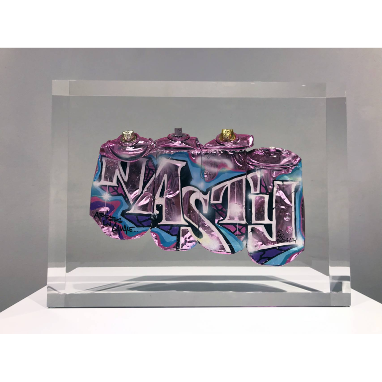 NASTY, 4 crashed cans, Inclusion cristal de synthèse, 33 X 23 X23 cm