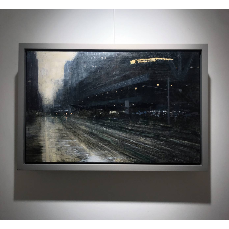Alejandro QUINCOCES, La estacion de autobus, Huile sur bois, 50 x 32 cm