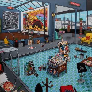 ALIONE, Cubisme 2.0, Huile, bombe aérosol et acrylique sur toile, 140 x 140 cm