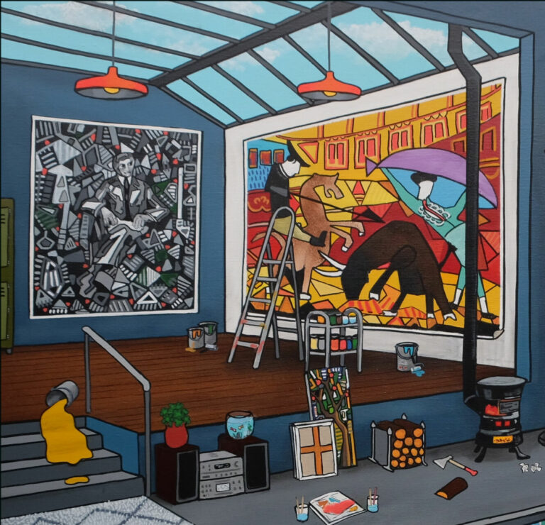 ALIONE, Cubisme 2.0, Huile, bombe aérosol et acrylique sur toile, 140 x 140 cm