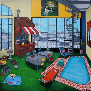 ALIONE, La Guinguette, Huile, bombe aérosol et acrylique sur toile, 120 x 120 cm