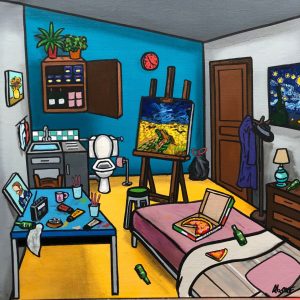 ALIONE, La chambre de Van Gogh revisitée, huile, bombe aérosol et acrylique sur toile 60 x 60 cm