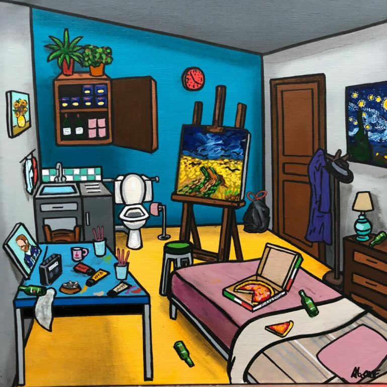 ALIONE, La chambre de Van Gogh revisitée, huile, bombe aérosol et acrylique sur toile 60 x 60 cm
