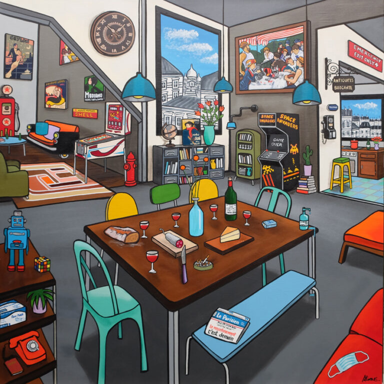 ALIONE, Un brin nostalgique, Huile, bombe, aérosol et acrylique sur toile, 140 X 140 cm