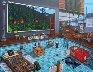 ALIONE, Un atelier de rêve, Huile, Bombe, aérosol et acrylique sur toile, 146 x 114 cm