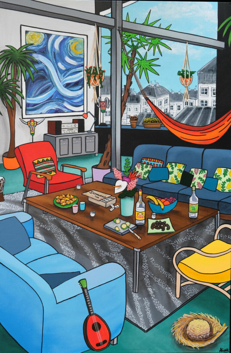 Alione, Souvenir d’une nuit étoilée, Huile, bombe aérosol et acrylique sur toile, 80×120 cm