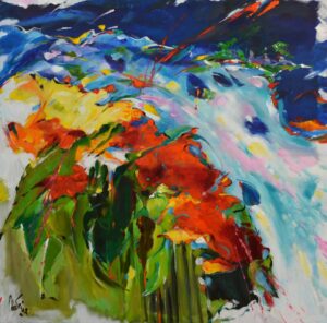 Bernard CADENE, La Riviere et les fleurs, Huile Et Acrylique Sur Toile, 100 X 100 cm