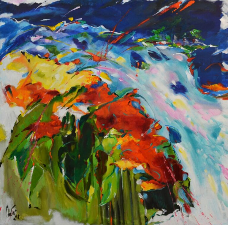 Bernard CADENE, La Riviere et les fleurs, Huile Et Acrylique Sur Toile, 100 X 100 cm