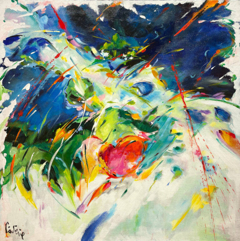 Bernard CADENE,  La rivière et les fleurs, acrylique et huile sur toile, 100 x 100 cm