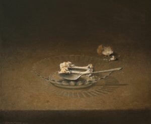 Joseba Sanchez ZABALETA, Plato con restos de pollo, Huile sur bois, 36 x 46 cm