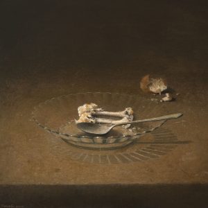 Joseba Sanchez ZABALETA, Plato con restos de pollo, Huile sur bois, 36 x 46 cm