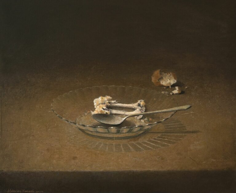 Joseba Sanchez ZABALETA, Plato con restos de pollo, Huile sur bois, 36 x 46 cm