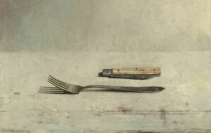 Joseba Sanchez ZABALETA, Tenedor y navaja, Huile sur bois, 24 x 38,5 cm