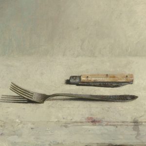 Joseba Sanchez ZABALETA, Tenedor y navaja, Huile sur bois, 24 x 38,5 cm