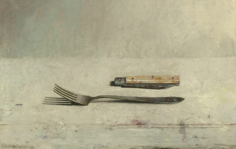 Joseba Sanchez ZABALETA, Tenedor y navaja, Huile sur bois, 24 x 38,5 cm