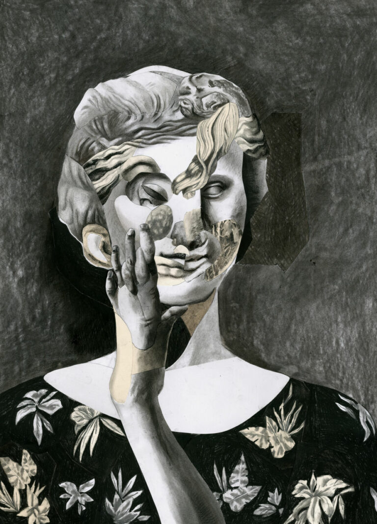 David FESTOC, La caresse, crayon et collages sur papier 65 x 50 cm