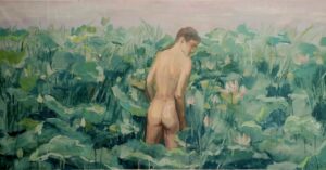 Zhang Qiongfei, Bassin de lotus d'été 夏日荷塘, Acrylique sur toile, 140 x 282 cm