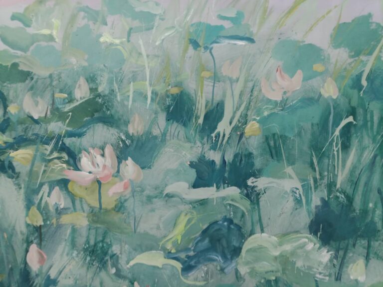 Zhang Qiongfei, Bassin de lotus d’été 夏日荷塘, Acrylique sur toile, 140 x 282 cm