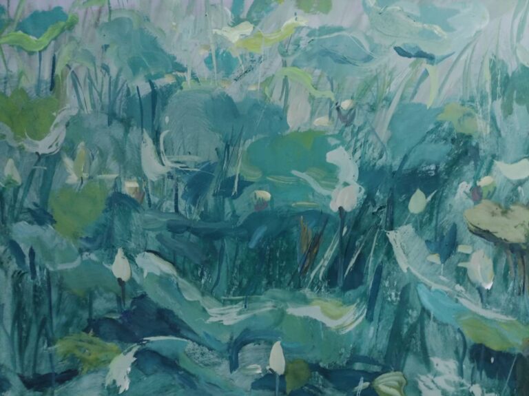 Zhang Qiongfei, Bassin de lotus d’été 夏日荷塘, Acrylique sur toile, 140 x 282 cm