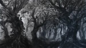 Zhang Qiongfei, Brouillard nocturne 夜雾, Encre de chine sur toile, 140 x 245 cm