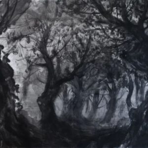 Zhang Qiongfei, Brouillard nocturne 夜雾, Encre de chine sur toile, 140 x 245 cm