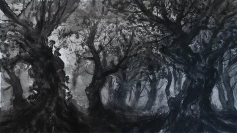 Zhang Qiongfei, Brouillard nocturne 夜雾, Encre de chine sur toile, 140 x 245 cm