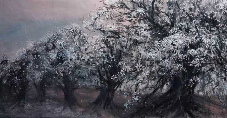 Zhang Qiongfei, Les arbres solitaires 寂寞花, Acrylique sur toile, 104 x 300 cm