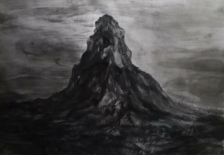 Zhang Qiongfei, Une montagne solitaire 小孤山, Encre de chine sur toile, 140 x 203 cm