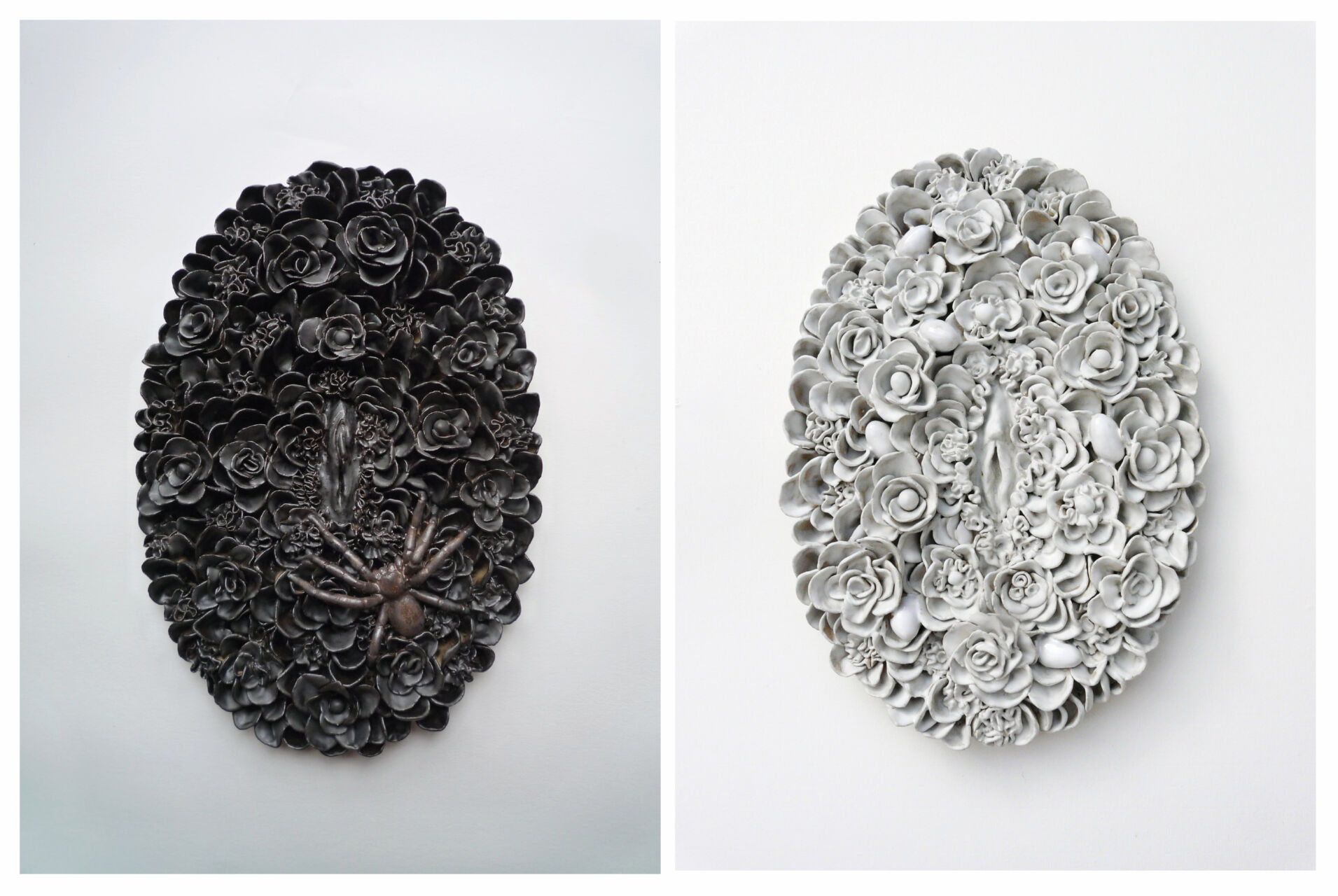 Lidia Kostanek, Jardin blanc et Jardin noir, Céramique, 38 x 26 cm par pièce, 38 x 52 cm total